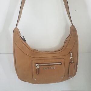 True Religion Suede PU Hobo Crossbody Bag Tan Adjustable Strap Zip Top Y2k Urban